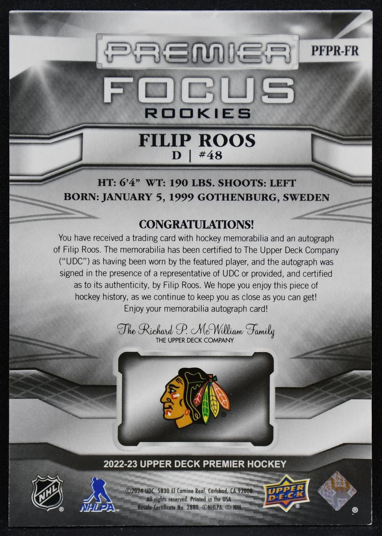 2022-23 UD Premier Focus Patch Roos Blackhawks RC Auto 032/125 Patch 5323