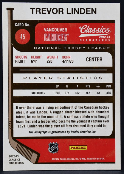 2012-13 Panini Classics Signatures Trevor Linden 45 Auto