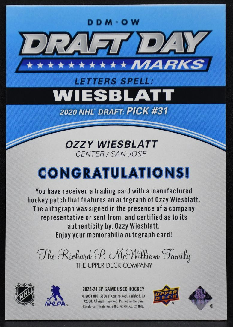 23-24 SP Game Used Draft Day Marks Wiesblatt DDM-OW Sharks RC Auto /35 Patch 5044