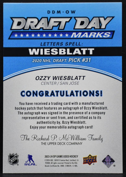 23-24 SP Game Used Draft Day Marks Wiesblatt DDM-OW Sharks RC Auto /35 Patch 5044
