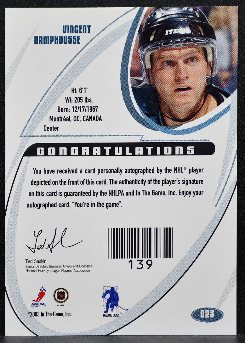 2002-03 In The Game Signature Vincent Damphousse 023 San Jose Sharks Auto 0521