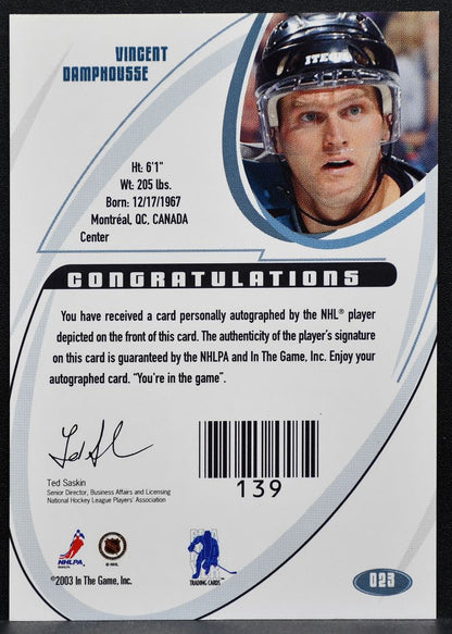 2002-03 In The Game Signature Vincent Damphousse 023 San Jose Sharks Auto 0521