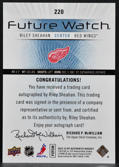 2012-13 SP Authentic Future Watch Auto Riley Sheahan Red Wings RC Auto 9112