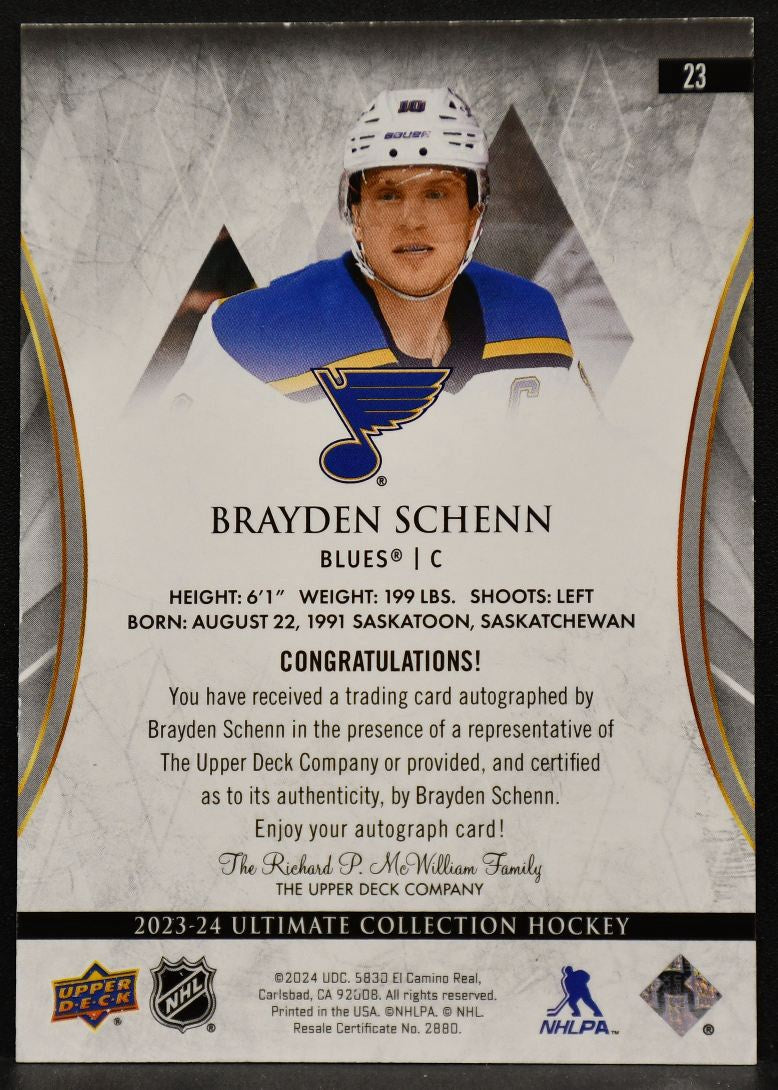 2023-24 UD Ultimate Collection Base Auto Brayden Schenn 23 St. Louis Blues Auto 5464
