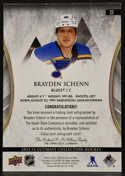 2023-24 UD Ultimate Collection Base Auto Brayden Schenn 23 St. Louis Blues Auto 5464