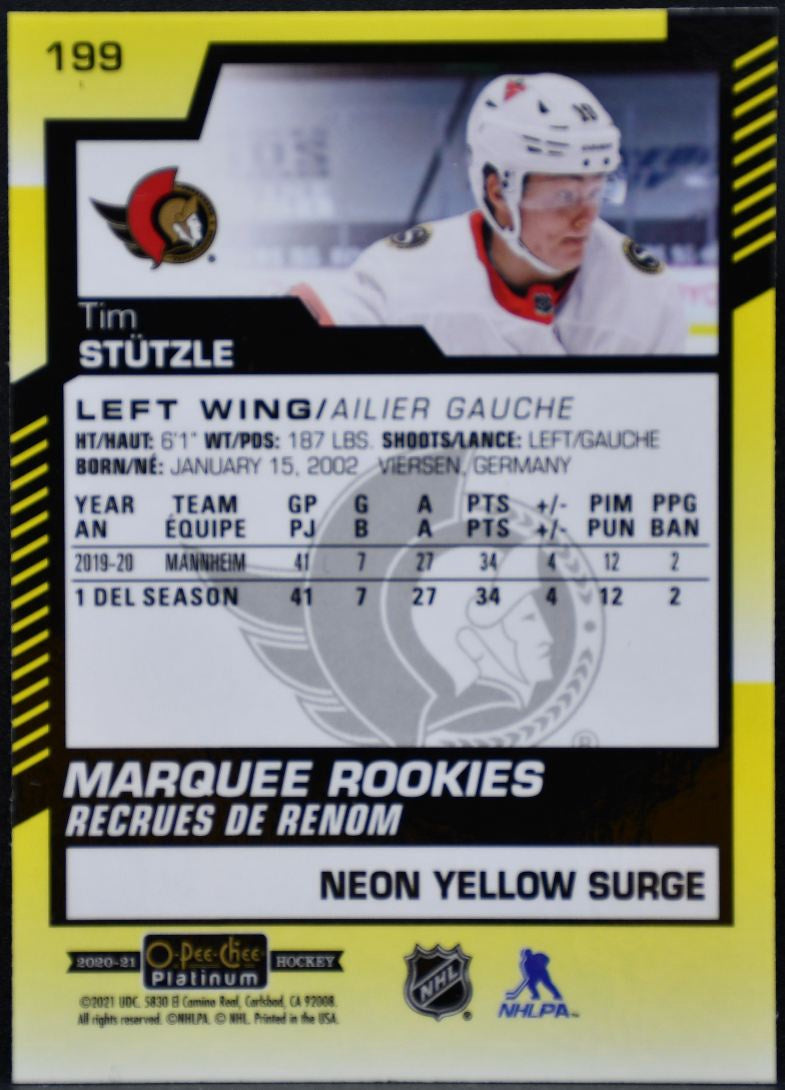 2020-21 OPC Marquee Neon Yellow Surge Stützle Ottawa Senators RC 7908