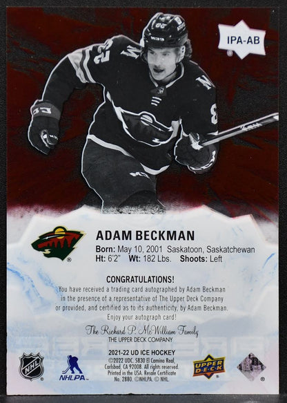 2021-22 Ice Premieres Autographs Adam Beckman IPA-AB Minnesota Wild Auto 180/199