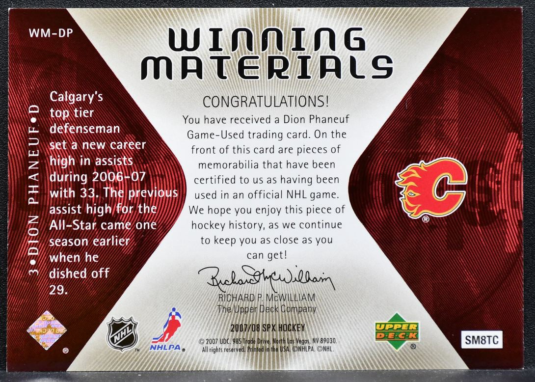 2007-08 SPx Winning Materials Dion Phaneuf WM-DP Calgary Flames Jersey 9051