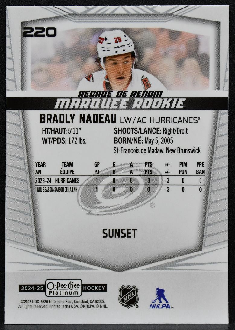 2024-25 OPC Platinum Marquee Rookie Sunset Bradly Nadeau 220 Hurricanes RC 6832
