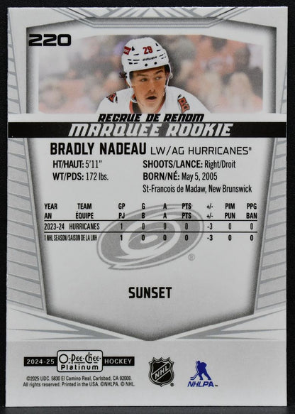 2024-25 OPC Platinum Marquee Rookie Sunset Bradly Nadeau 220 Hurricanes RC 6832