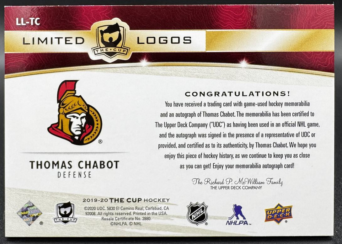 Logos limités de la Coupe UD 2019-2020 Thomas Chabot LL-TC Ottawa Senators Auto 45/50