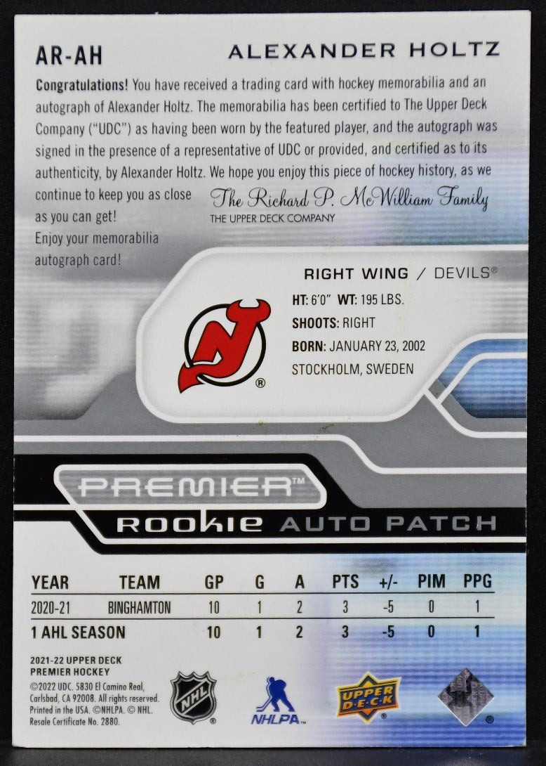 21-22 UD Premier Acetate RC Auto Patch Alexander Holtz AR-AH Devils /249 Patch 5273