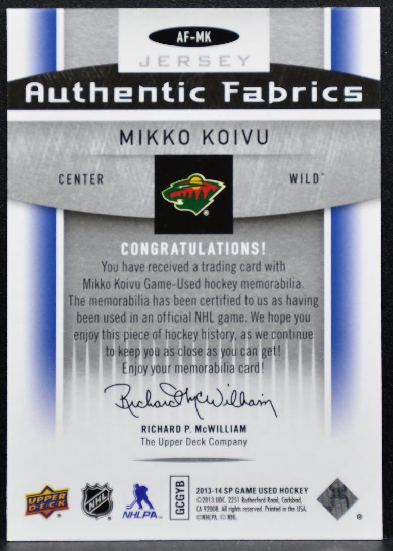 2013-14 SP Game Used Authentic Fabrics Mikko Koivu Minnesota Wild Jersey 3623