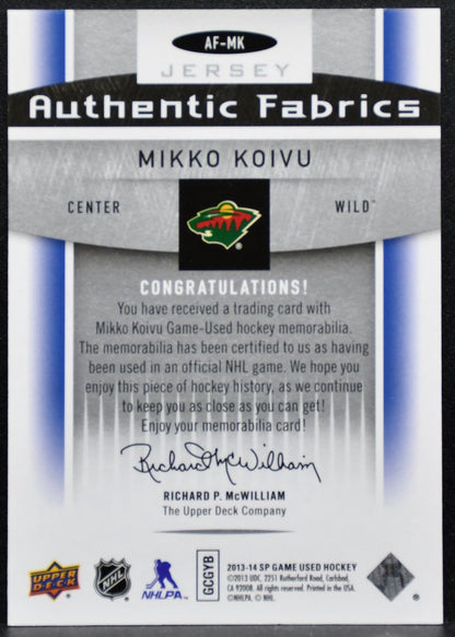 2013-14 SP Game Used Authentic Fabrics Mikko Koivu Minnesota Wild Jersey 3623