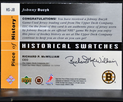 2002-03 UD Piece of History Historical Swatches Johnny Bucyk Bruins Jersey 9249