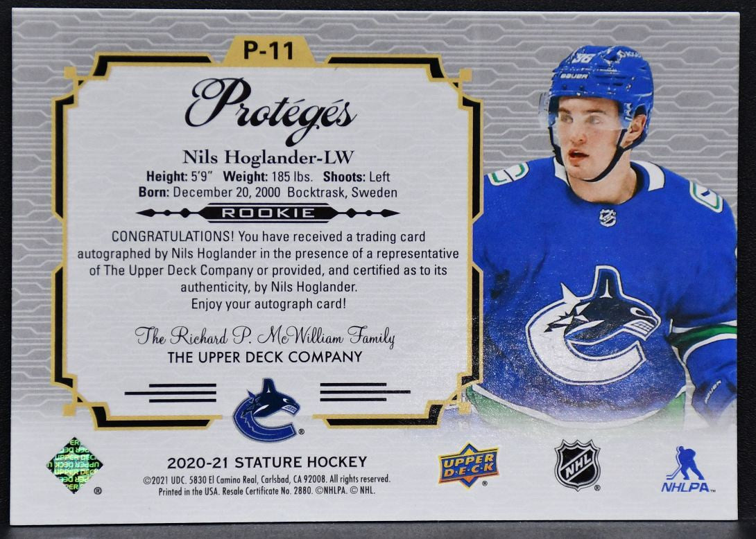 2020-21 UD Stature Proteges Autographs Nils Hoglander P-11 Auto