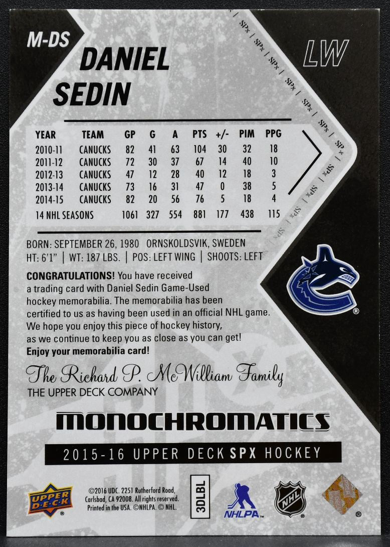 2015-16 SPx Monochromatics Jersey Daniel Sedin M-DS Canucks Jersey 2547