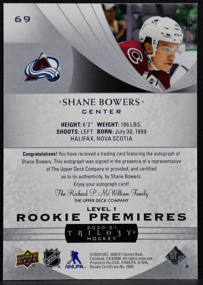 2020-21 UD Trilogy Rookie Premier Silver Foil Autographs Shane Bowers Auto /399