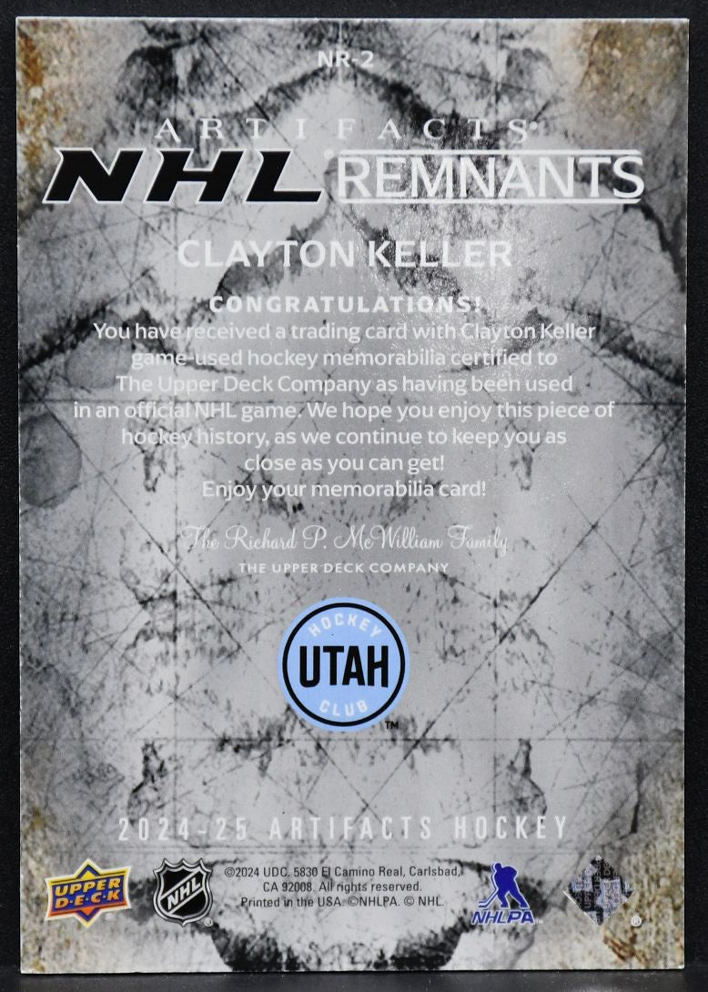 2024-25 UD Artifacts NHL Remnants Clayton Keller NR-2 Utah Hockey Club Jersey