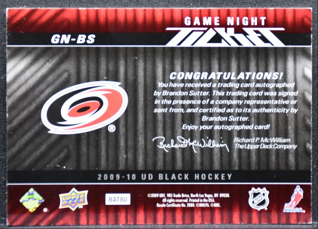 2009-10 UD Black Game Night Ticket Auto Brandon Sutter Auto 11/35 1182
