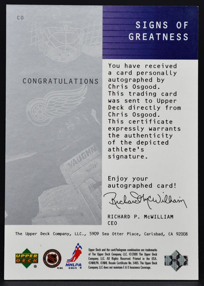 1999-00 UD Wayne Gretzky Signs of Greatness Chris Osgood CO Auto