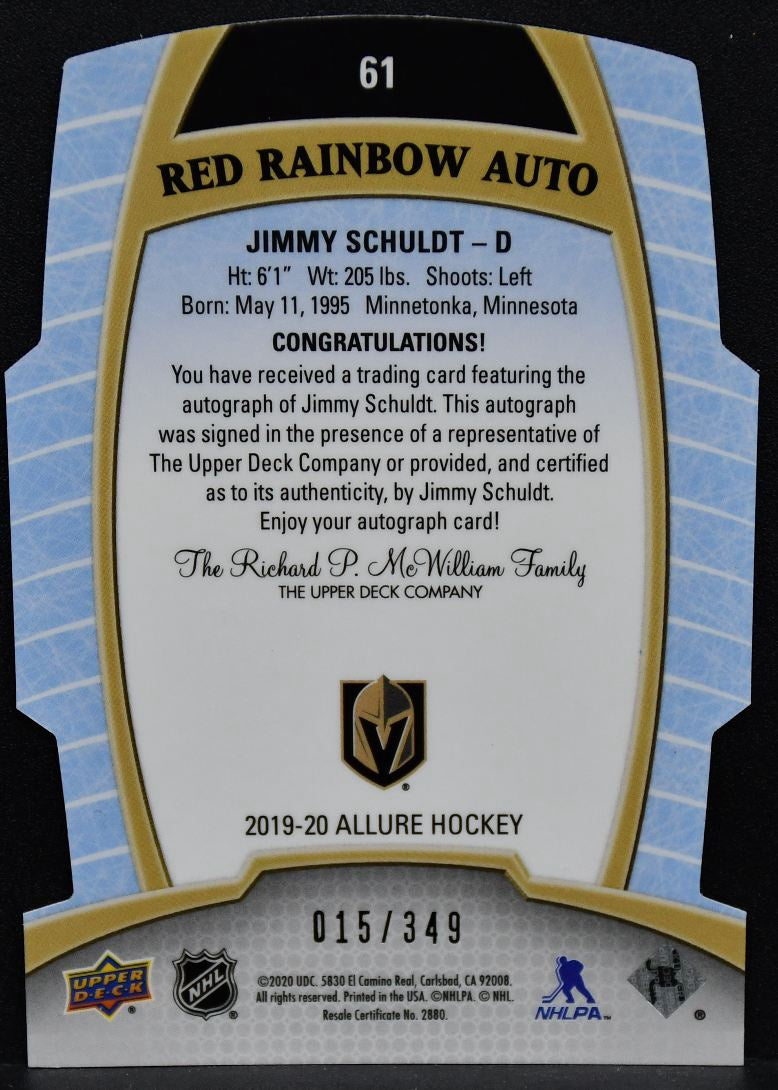 2019-20 UD Allure Red Rainbow Autograph Rookie Jimmy Schuldt 61 RC Auto 015/349