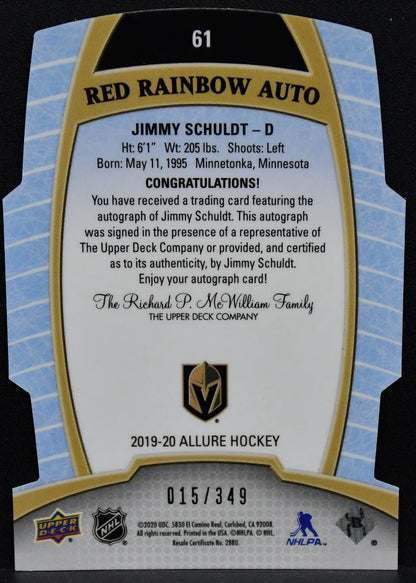 2019-20 UD Allure Red Rainbow Autograph Rookie Jimmy Schuldt 61 RC Auto 015/349