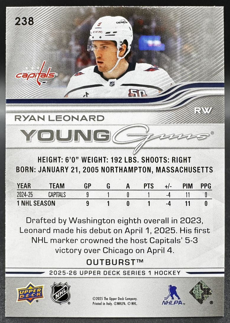 2025-26 UD Series 1 Hobby Ryan Leonard 238 Washington Capitals RC