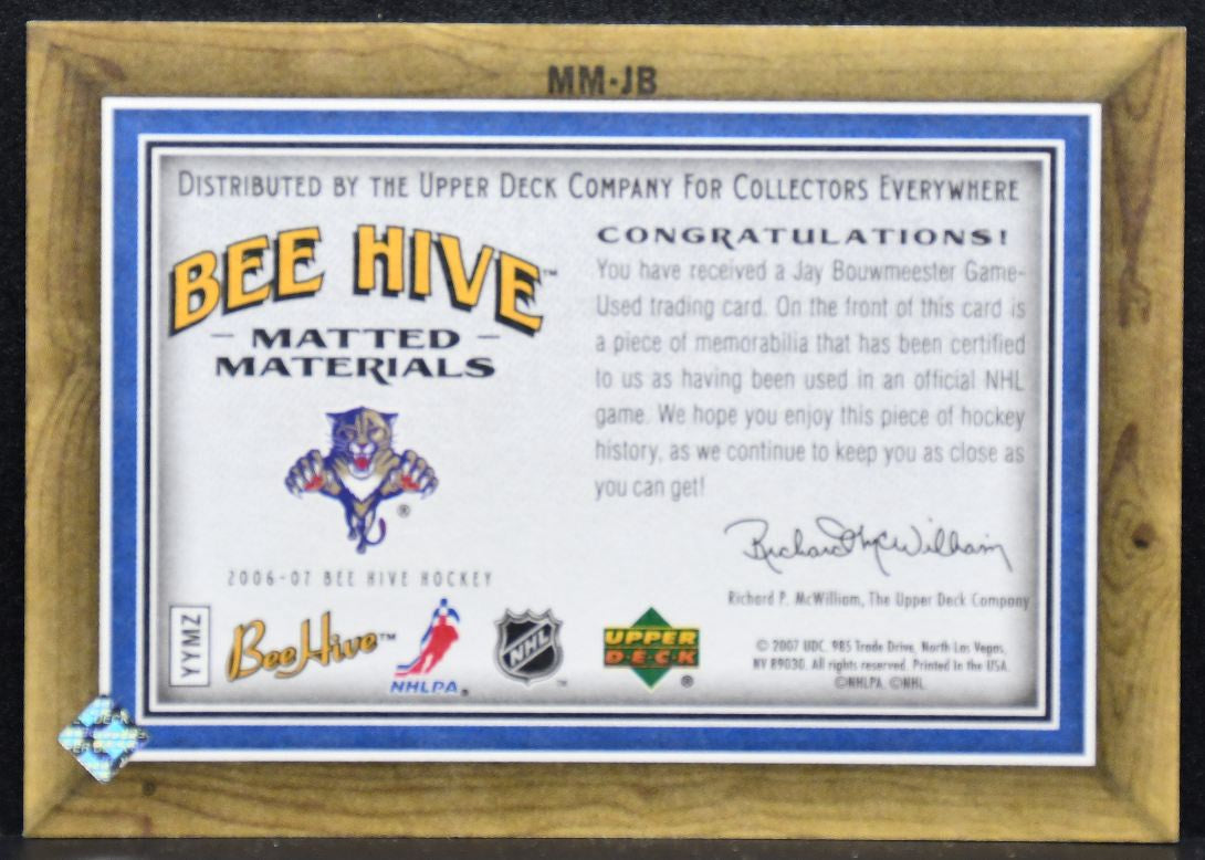 2006-07 UD Bee Hive Matted Materials Jay Bouwmeester MM-JB Panthers Jersey 3425