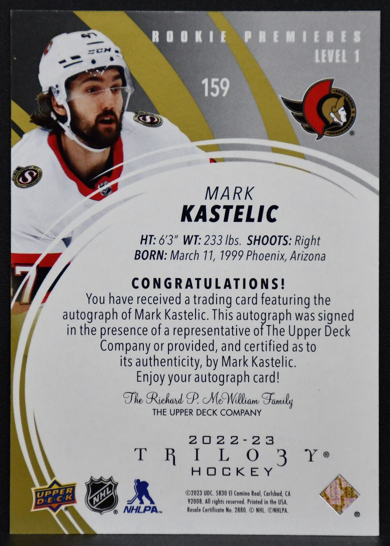 2022-23 UD Trilogy Premieres lvl1 Gold Kastellic Senators RC Auto 018/149 9994