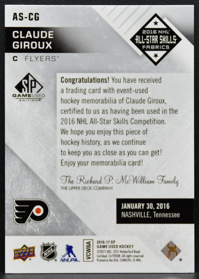 2016-17 SP Game Used All-Star Skills Fabrics Claude Giroux Flyers Jersey 3196