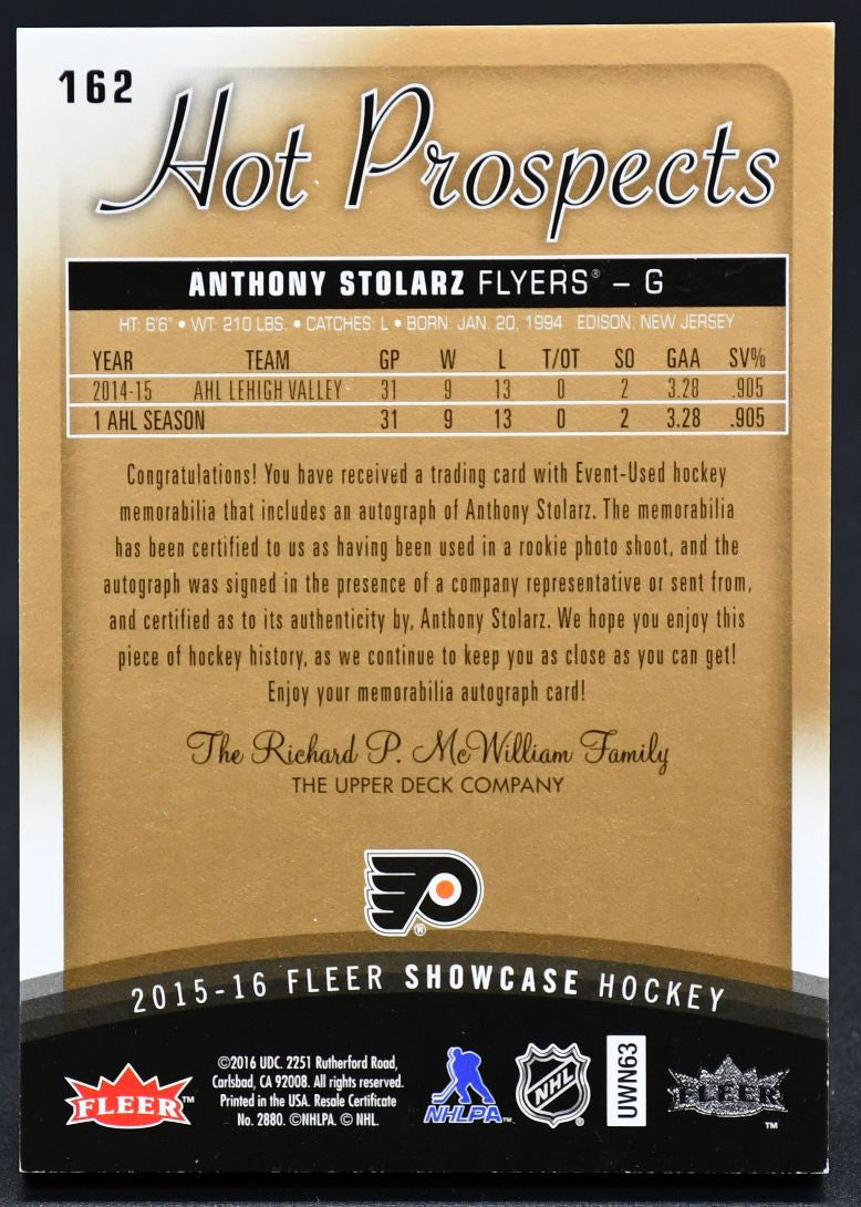 2015-16 Fleer Showcase Hot Prospects Rookie Patch Stolarz RC Auto 168/499 Patch