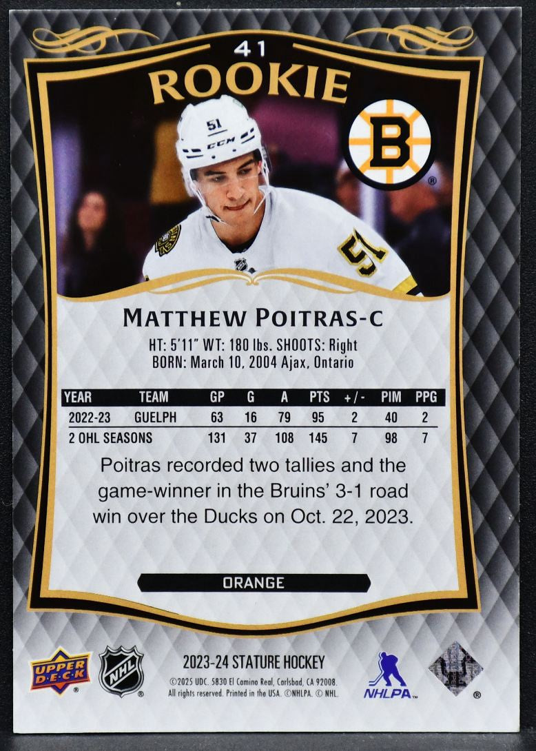 2023-24 UD Stature Rookie Orange Matthew Poitras 41 Boston Bruins RC 145/199