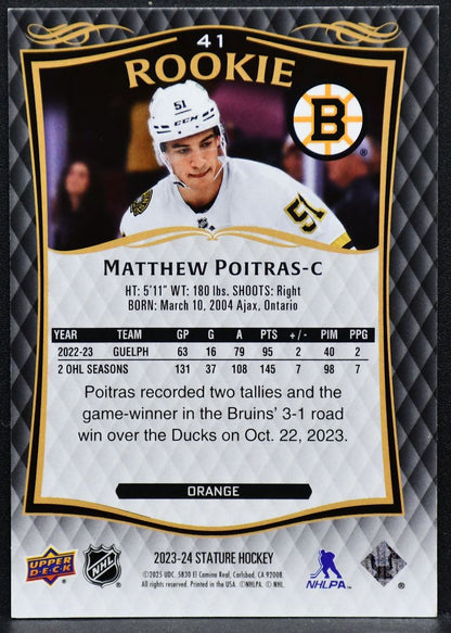 2023-24 UD Stature Rookie Orange Matthew Poitras 41 Boston Bruins RC 145/199