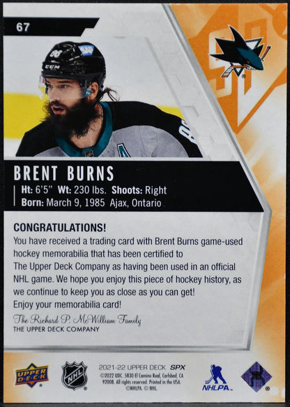 2021-22 SPx Jersey Brent Burns 67 San Jose Sharks Jersey 0573