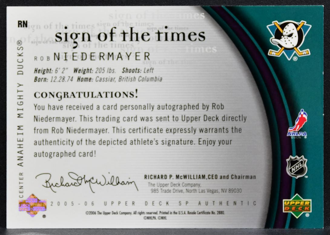 2005-06 SP Authentic Sign of the Times Niedermayer RN Anaheim Ducks Auto 1321