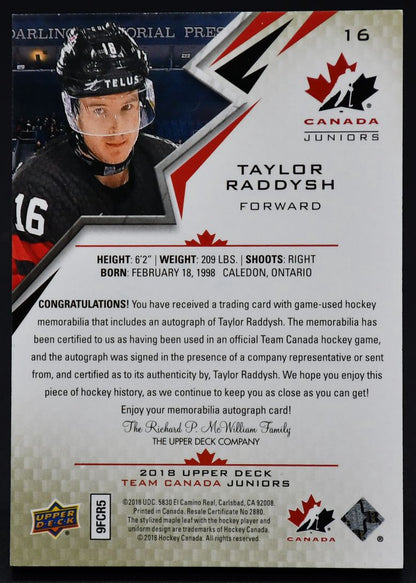 2018-19 UD Team Canada Juniors Auto Patch Taylor Raddysh 16 Auto 195/199 Patch