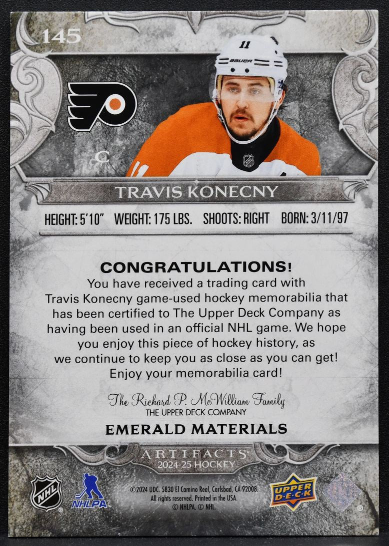 2024-25 UD Artifacts Emerald Materials Travis Konecny Flyers 29/35 Jersey 6842