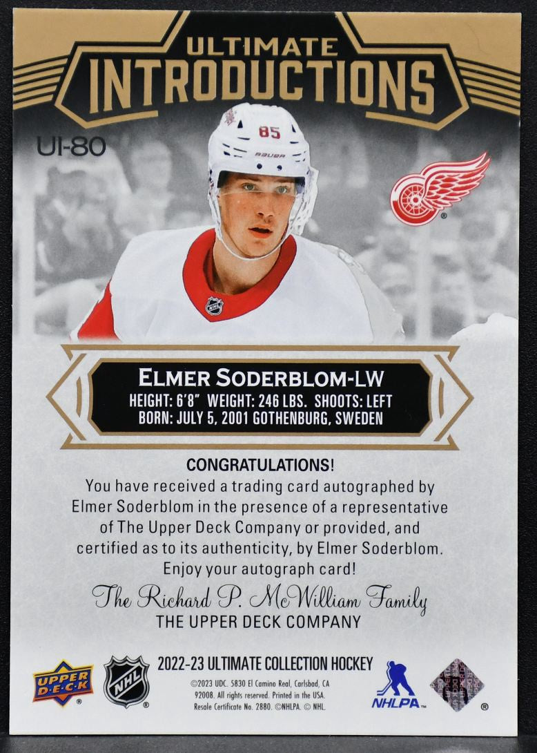 2022-23 UD Ultimate Collection Introductions Auto Elmer Soderblom UI-80 RC Auto