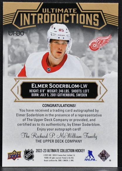 2022-23 UD Ultimate Collection Introductions Auto Elmer Soderblom UI-80 RC Auto