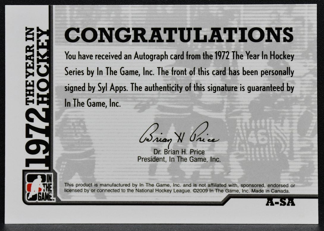 2009-10 In The Game 1972 Year Hockey Autographs Syl Apps Jr. A-SA Auto 5089