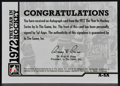 2009-10 In The Game 1972 Year Hockey Autographs Syl Apps Jr. A-SA Auto 5089