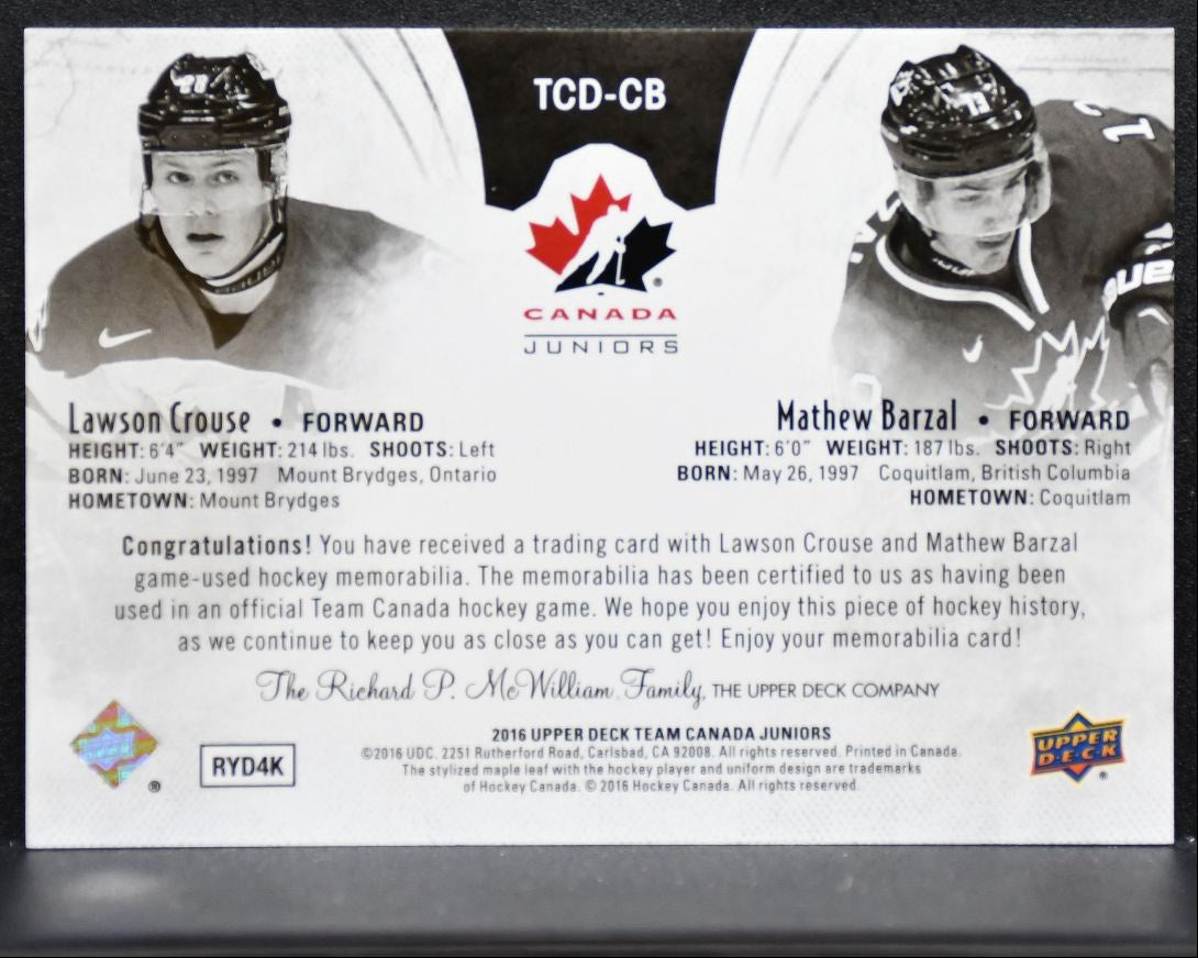 2016-17 UD Team Canada Juniors Dual Jersey Crouse/Barzal Canada Jersey 2271