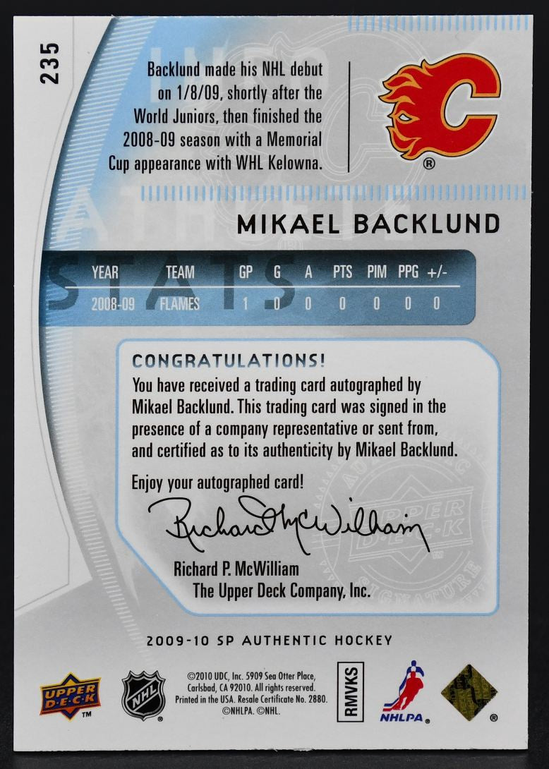 2009-10 SP Authentic Future Watch Mikael Backlund Calgary Flames RC Auto /999
