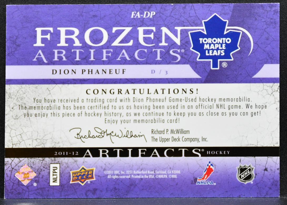 2011-12 UD Artifacts Frozen Jerseys Purple Dion Phaneuf Maple Leafs Jersey 9592