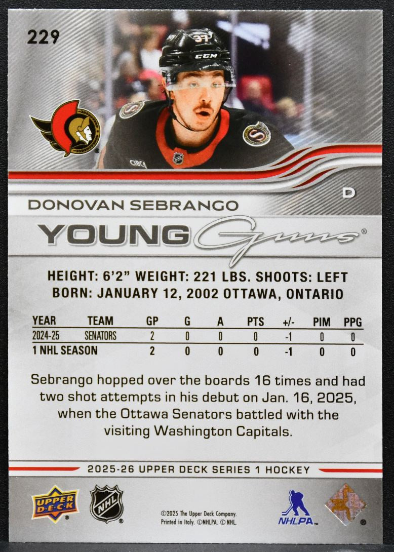 2025-26 Upper Deck Series 1 Young Guns Donovan Sebrango 229 Senators RC 5244