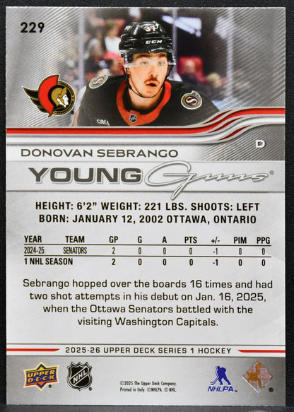 2025-26 Upper Deck Series 1 Young Guns Donovan Sebrango 229 Senators RC 5244