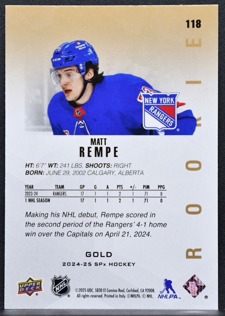 2024-25 SPx Rookie Gold Matt Rempe 118 New York Rangers RC 4558