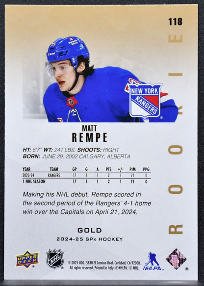 2024-25 SPx Rookie Gold Matt Rempe 118 New York Rangers RC 4558
