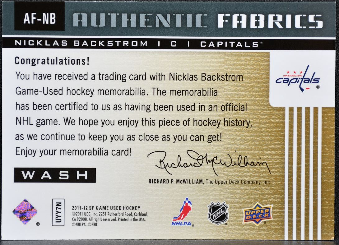 2011-12 SP Game Used Authentic Fabrics Nicklas Backstrom AF-NB Jersey 0161